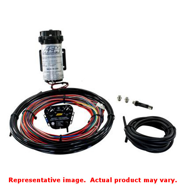 AEM 30-3302 V2 Water/Methanol Nozzle and Controller Kit featuring a black nozzle, colorful wiring harness, and a cylindrical controller with AEM branding.
