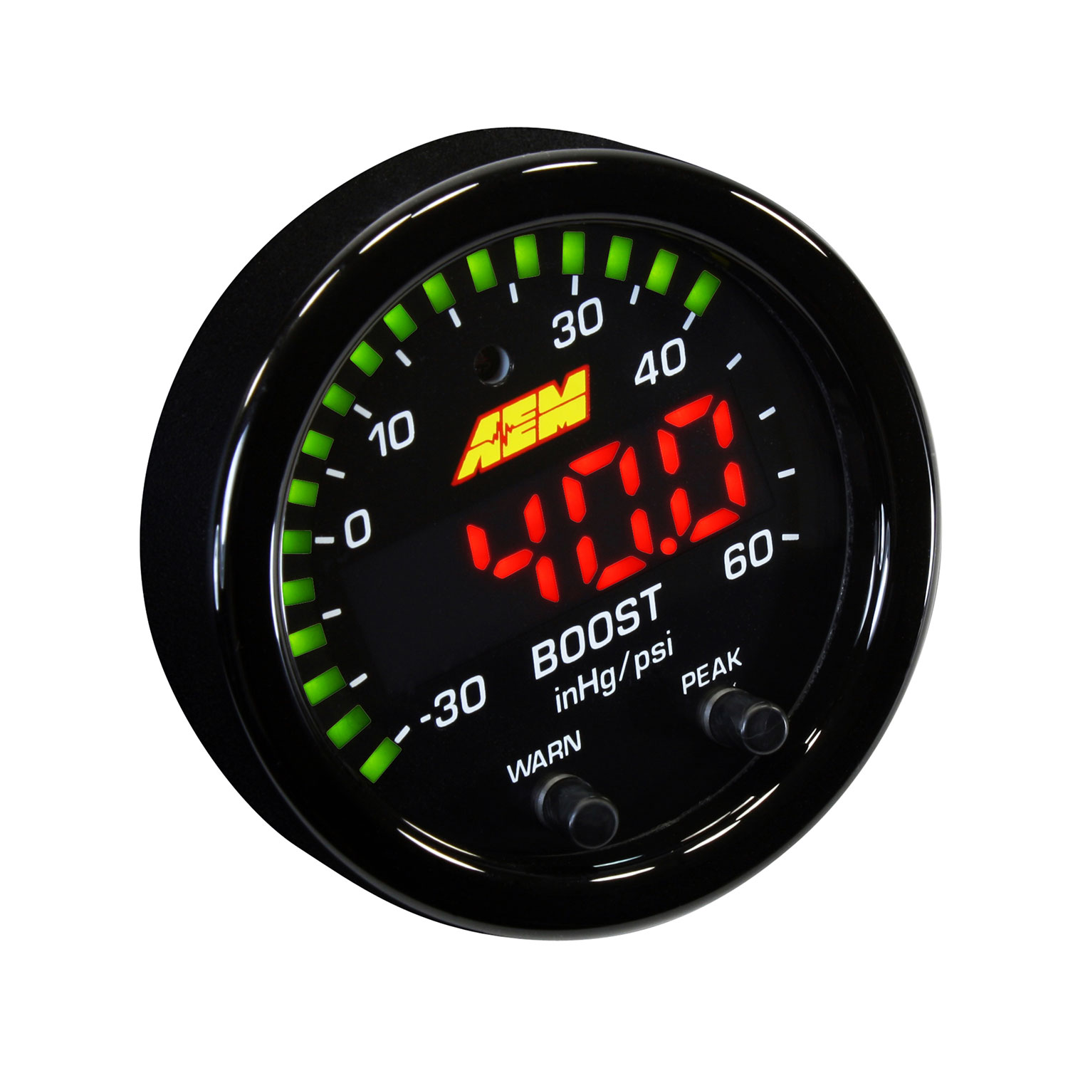 AEM 30-0308 X-Series Boost Pressure Gauge features a black bezel, red digital display, green LED indicators, and measures boost in inHg/psi, with peak and warn functions.