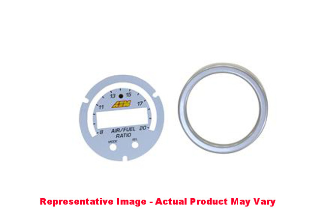 White gauge face overlay with black markings and a silver bezel, featuring an air/fuel ratio scale from 10 to 20, designed for AEM Electronics gauges.