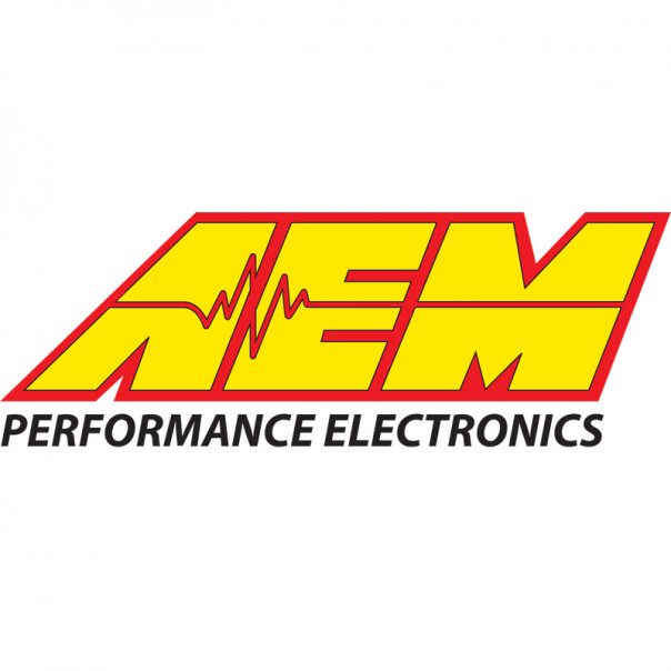 Bright yellow and red AEM logo with "PERFORMANCE ELECTRONICS" in black, featuring a stylized design emphasizing performance and automotive applications.