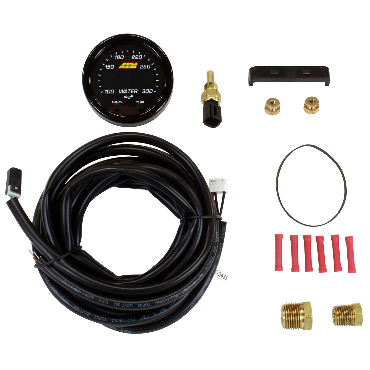 AEM Electronics gauge set includes a black dial gauge with white markings, brass fittings, a black wire harness, and connectors for monitoring oil, transmission, and water temperatures.