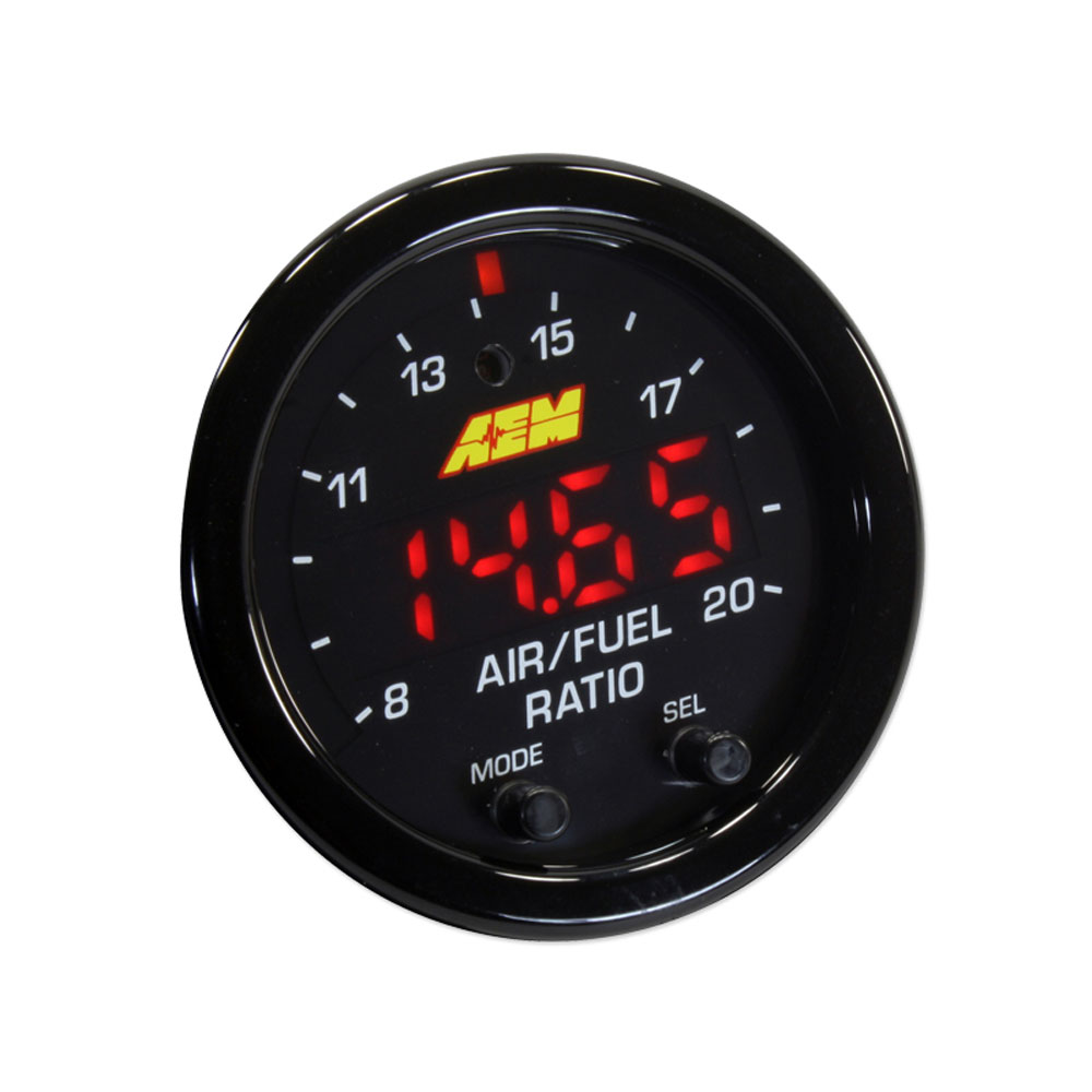 Black circular gauge with a red LED display showing "14.65" for air/fuel ratio, featuring "AEM" logo, and two buttons labeled "MODE" and "SEL" below the display.