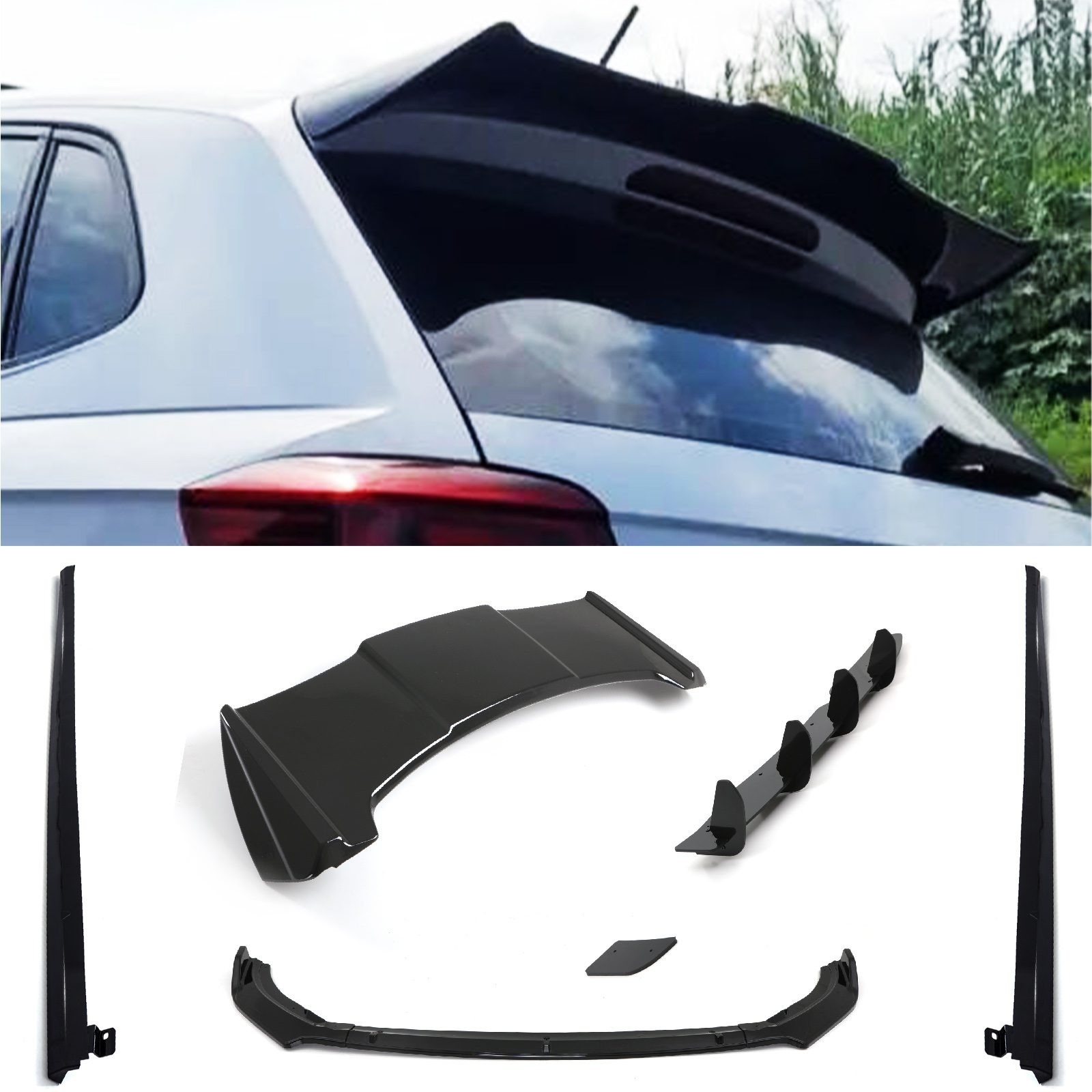 Gloss black Aero Body Kit for VW Polo MK6 AW GTI & R-Line (2018+) featuring a rear spoiler, side skirts, and front lip, designed for enhanced aerodynamics and style.