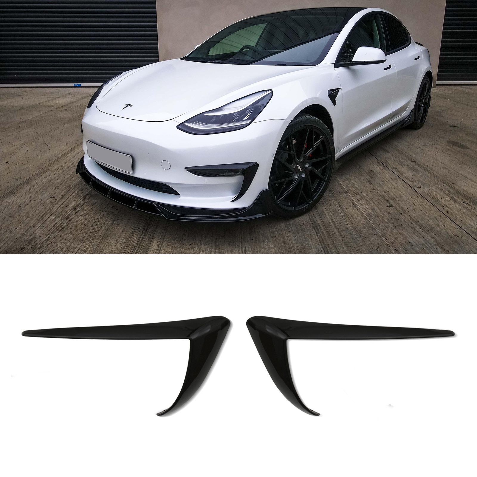Gloss black front fog light surrounds designed for Tesla Model 3 (2017-2022), featuring a sleek, aerodynamic shape to enhance the vehicle's sporty appearance.