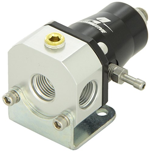 Aeromotive AEO13129 an-6 EFI Adjustable Bypass Regulator features a black anodized aluminum body, silver mounting bracket, and multiple ports for fuel line connections.