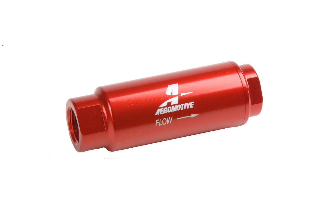 Red anodized aluminum inline fuel filter with 3/8 inch NPT fittings, featuring a sleek cylindrical design and "FLOW" indicator on the side, by Aeromotive.