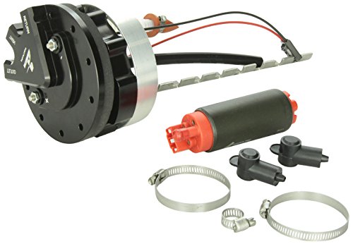 AEO18688 Phantom 340 Fuel System by Aeromotive features a black fuel pump assembly, red and black wiring, and metal clamps, designed for high-performance fuel delivery.