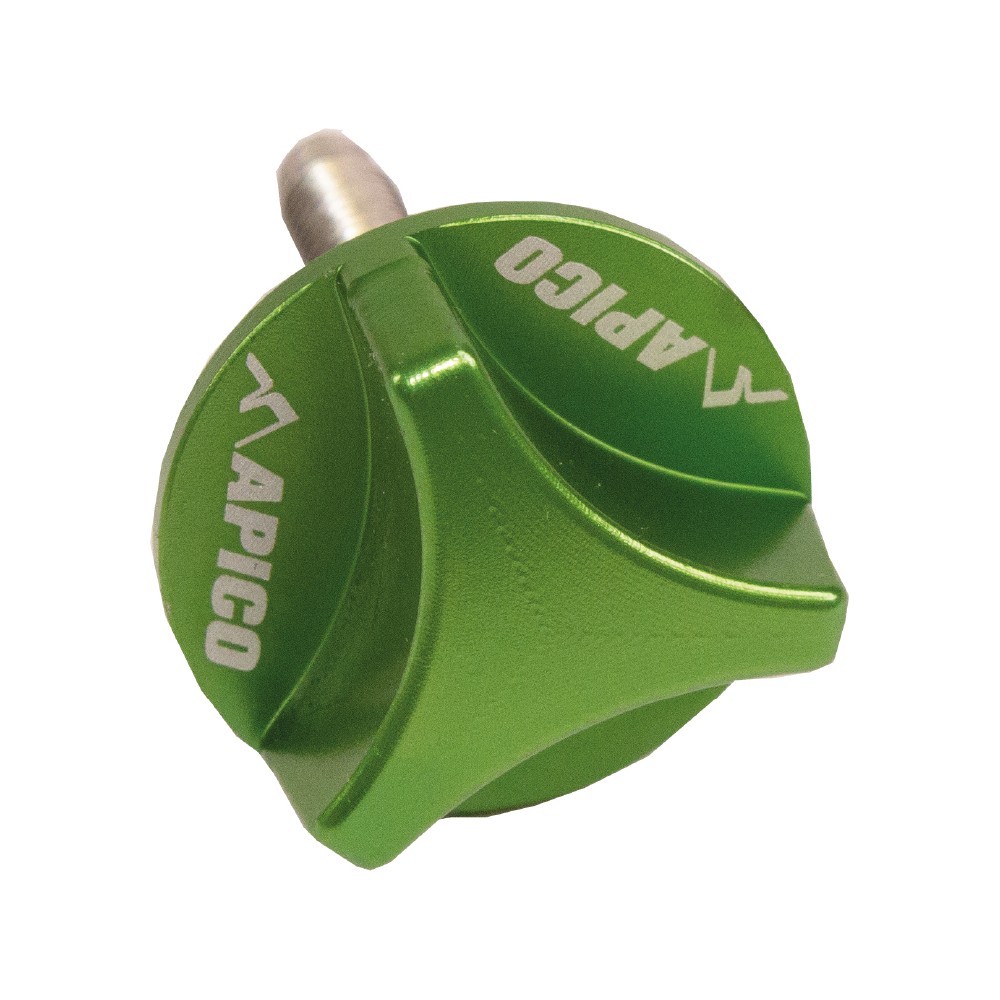 Green CNC air filter bolt with a distinctive three-pronged design, featuring the "APICO" logo, designed for specific Kawasaki motorcycle models.