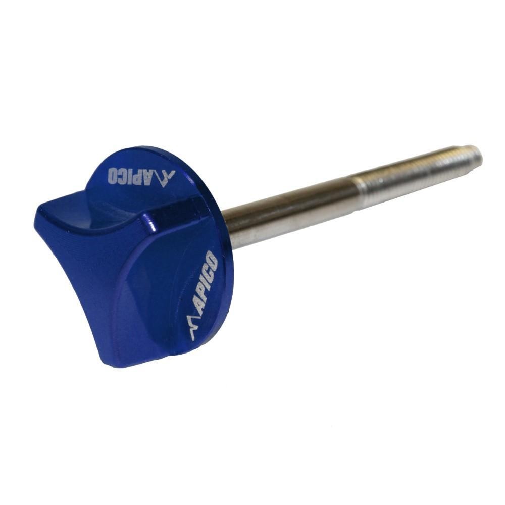 Blue CNC air filter bolt with a curved handle and a metallic shaft, designed for Yamaha and Suzuki motorcycle models from 1996 to 2023, featuring the Apico logo.