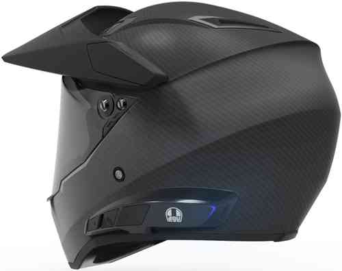 Black AGV ARK AX9 helmet with a sleek aerodynamic design, featuring a tinted visor, ventilation ports, and a lightweight carbon fiber finish, suitable for sizes XXS to MS.