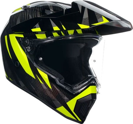 AGV AX9 Carbon Steppa S25 adventure helmet in dark grey with neon yellow accents, featuring a sleek aerodynamic design, visor, and lightweight carbon construction, size S.