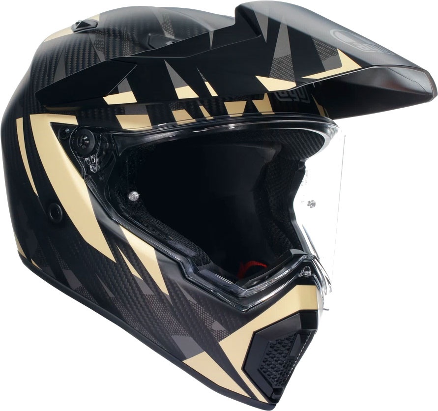 AGV AX-9 Steppa 06 helmet in black and beige with a sleek design, featuring a clear visor, aerodynamic shape, and textured finish, sized S for men.