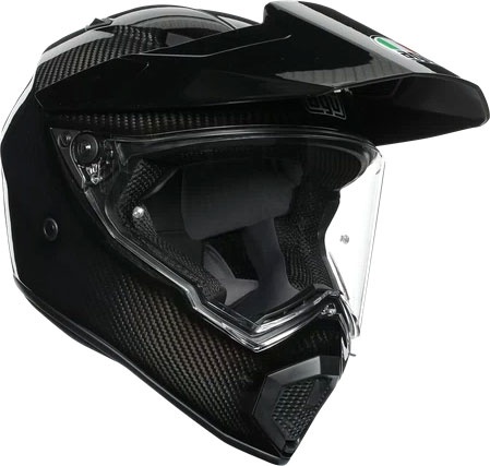 Black carbon fiber AGV AX-9 Mono Carbon 06 helmet in size M, featuring a clear visor, aerodynamic design, and a prominent front peak for enhanced visibility and protection.
