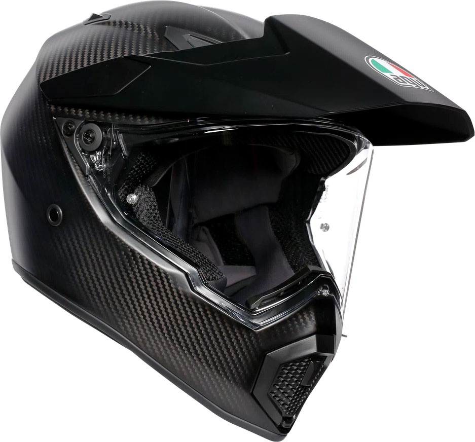 AGV AX-9 Mono Carbon 06 Helmet in matte black with a carbon fiber finish, featuring a sleek design, visor, and adjustable peak for enhanced aerodynamics and protection.