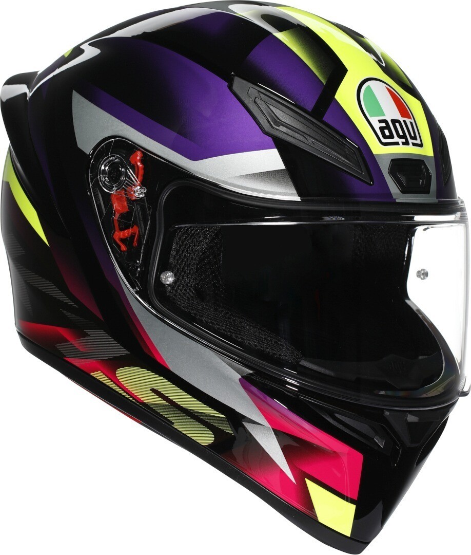 Black and purple AGV K1 S Fastlap helmet with a sleek design, featuring a clear visor, ventilation vents, and bold graphic accents, sized 2XL for men.