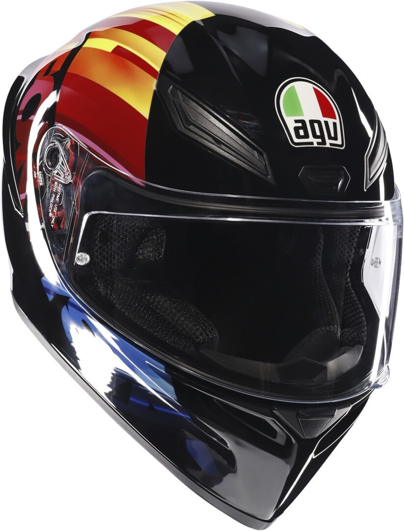 Full face AGV K1-S Pulse 46 helmet featuring a glossy black finish with vibrant red and yellow graphics, a clear visor, and a prominent AGV logo on the front.