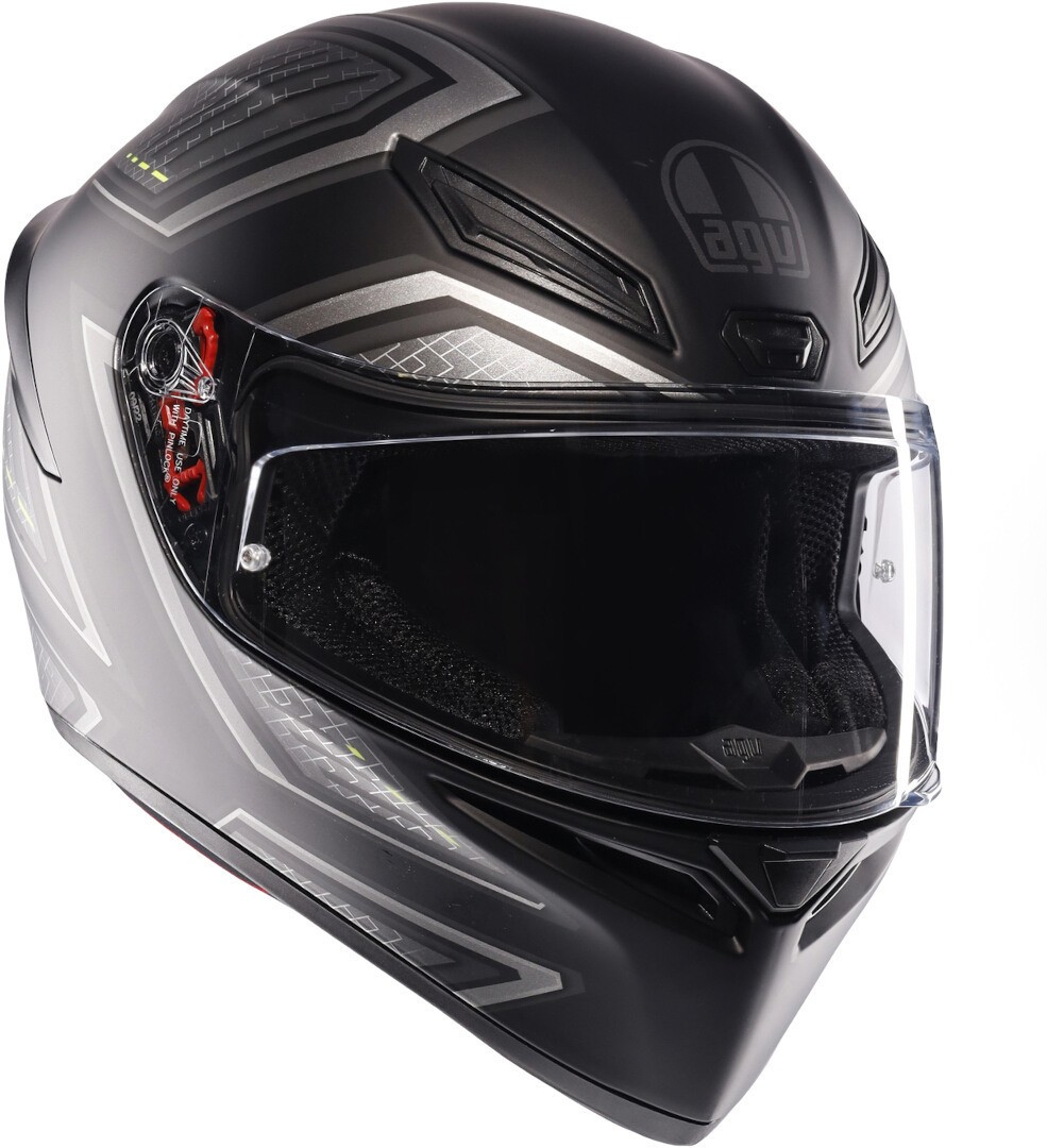 Full face helmet in matte black and grey, featuring a sleek design, aerodynamic shape, and a clear visor, size L by AGV K1 S Sling.