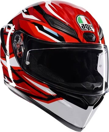 Full face helmet in black, red, and white with a sleek aerodynamic design, featuring a tinted visor and AGV logo, size M.