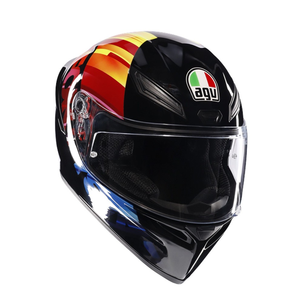 Black full-face motorcycle helmet featuring a vibrant red and yellow design, clear visor, and AGV logo on the front, made from durable materials for safety and performance.