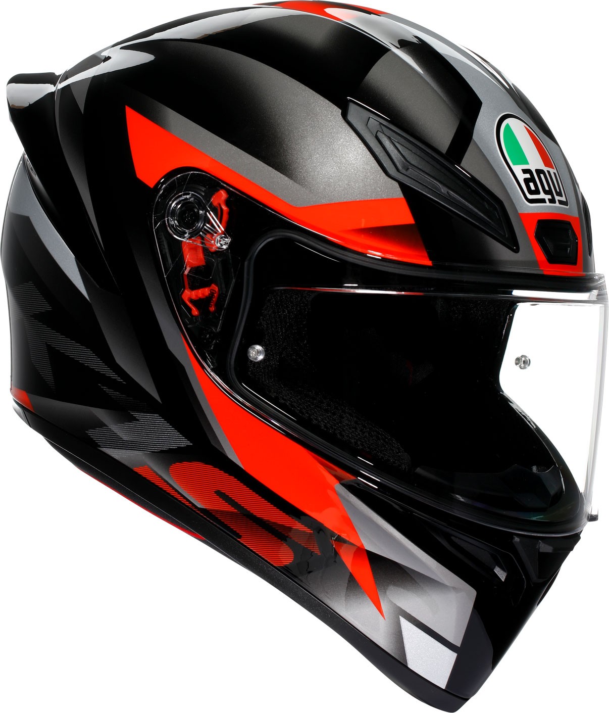 AGV K1 S Fastlap full face helmet in black, grey, red, and white, featuring a sleek aerodynamic design, clear visor, and prominent AGV logo. Size: S.