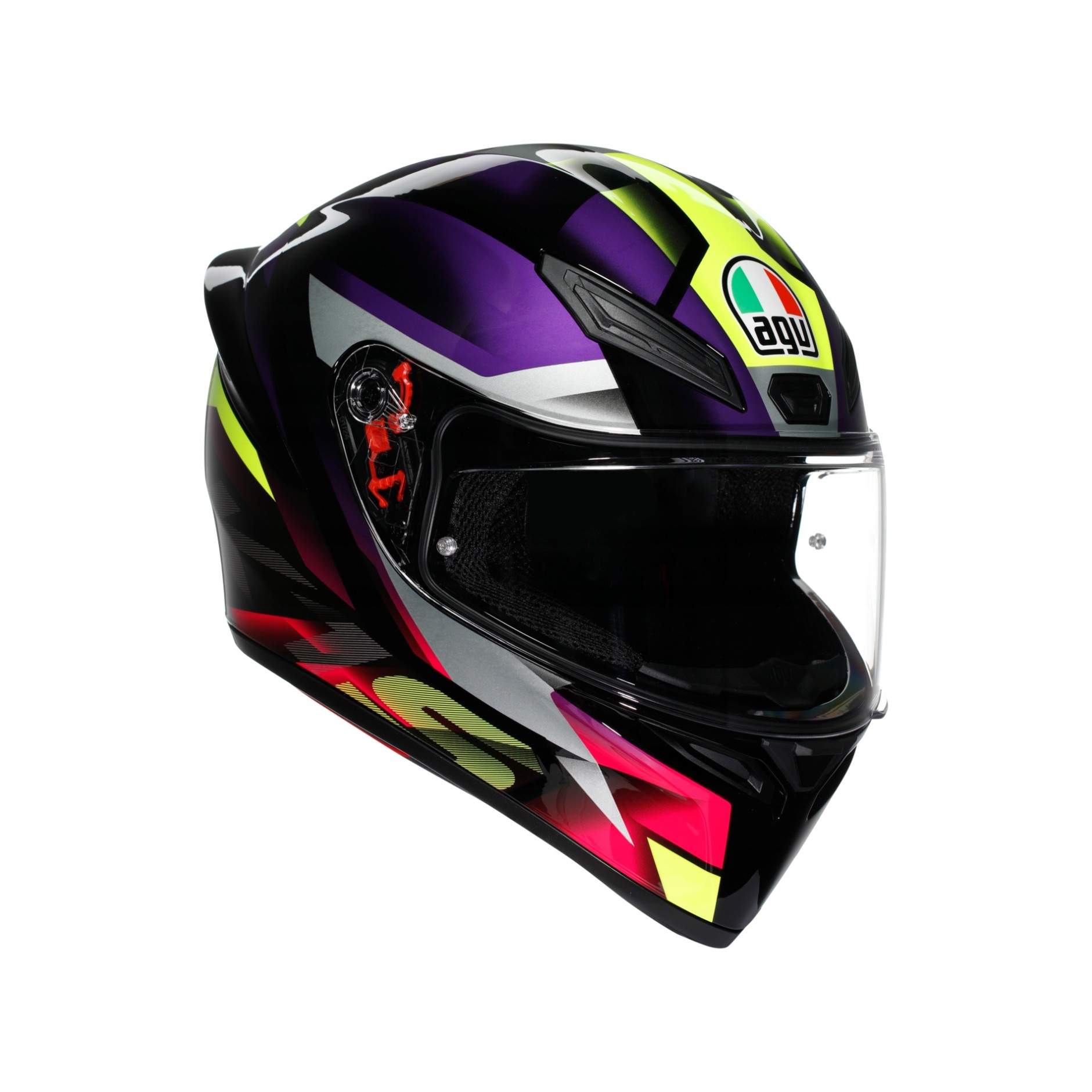 Full face AGV K1 S Fastlap S25 helmet in black, purple, pink, and neon yellow, featuring a sleek design, visor, and logo on the front. Size S.