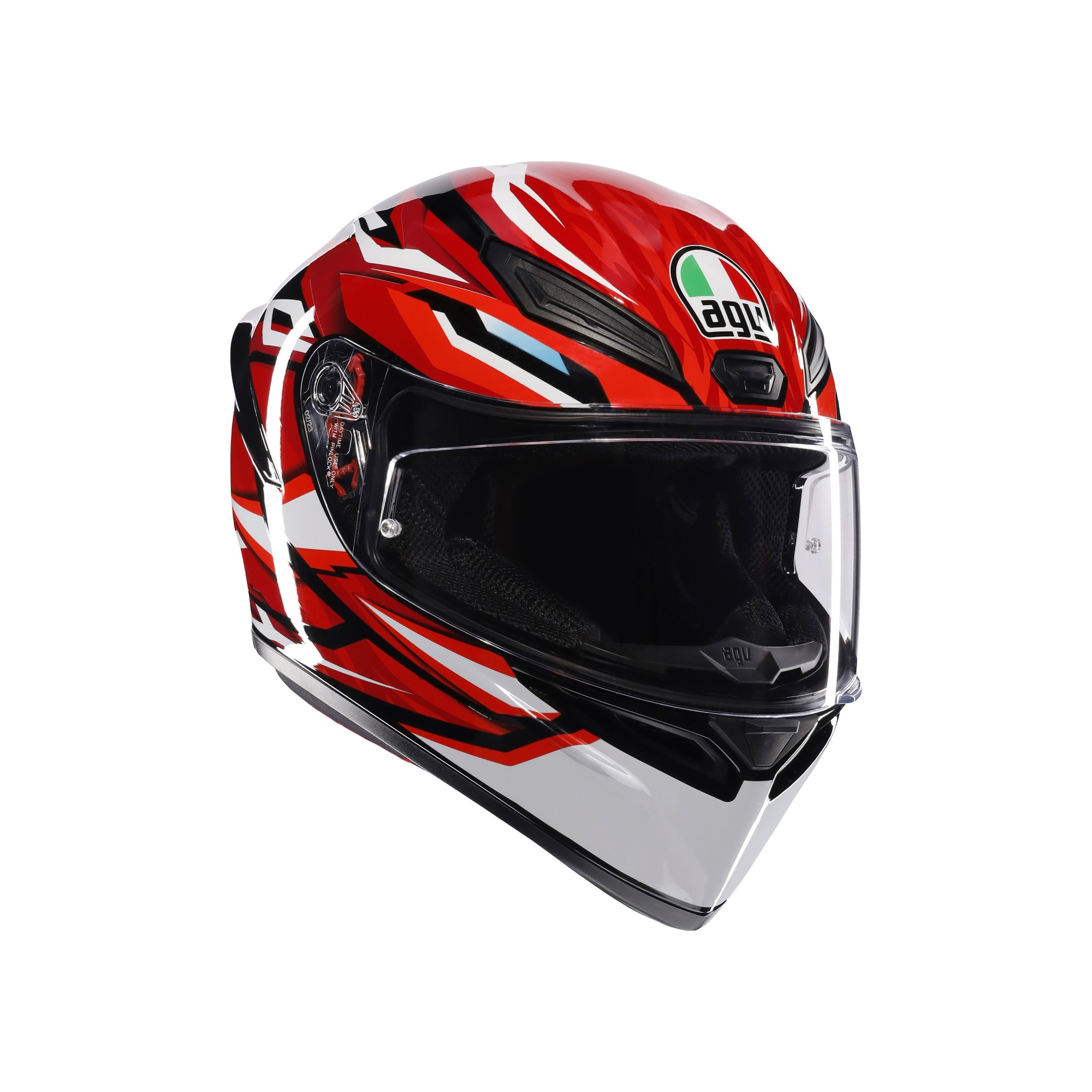 Red and white full-face motorcycle helmet with a glossy finish, featuring bold graphic designs, a clear visor, and ventilation ports, branded with the AGV logo.
