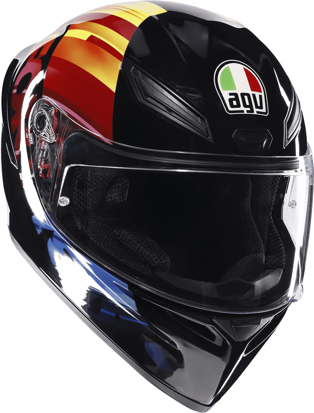 Multicolored AGV K-1 S Pulse 46 helmet features a glossy black finish with red and yellow stripes, a clear visor, and a comfortable interior lining, sized S.