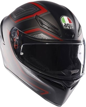 Full face helmet in matte black and red, featuring a sleek aerodynamic design, clear visor, and AGV logo, available in size XL.