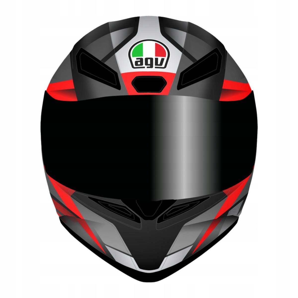 Full face helmet in black, grey, red, and white with a sleek design, featuring ventilation ports and a tinted visor, size XL, branded with the AGV logo.