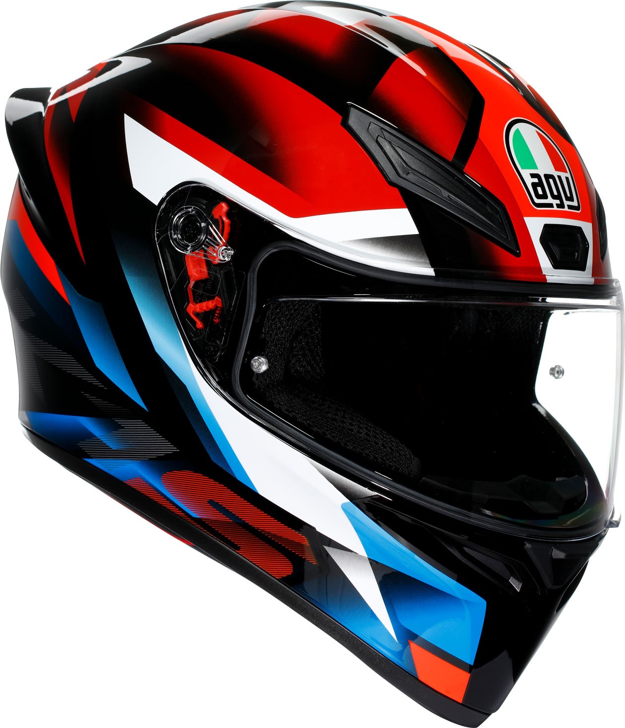 AGV K1 S Fastlap helmet in black, red, and blue with a glossy finish, featuring a clear visor, aerodynamic design, and bold graphic patterns, size XS for men.