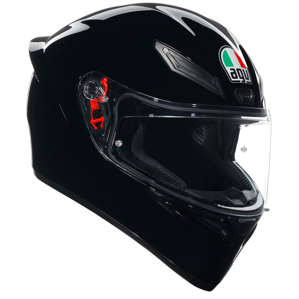AGV K1-S motorcycle helmet in glossy black, featuring a clear visor, ventilation slots, and the AGV logo with an Italian flag on the front, size small (56cm).