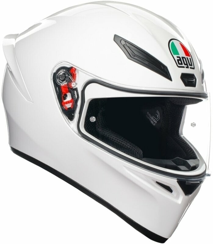 AGV K1 S S25 full face helmet in glossy white, featuring a clear visor, aerodynamic design, and Italian flag logo, available in size L.
