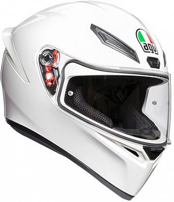 Full face helmet in glossy white with a sleek design, featuring a clear visor, ventilation openings, and AGV logo with Italian flag colors, size M.