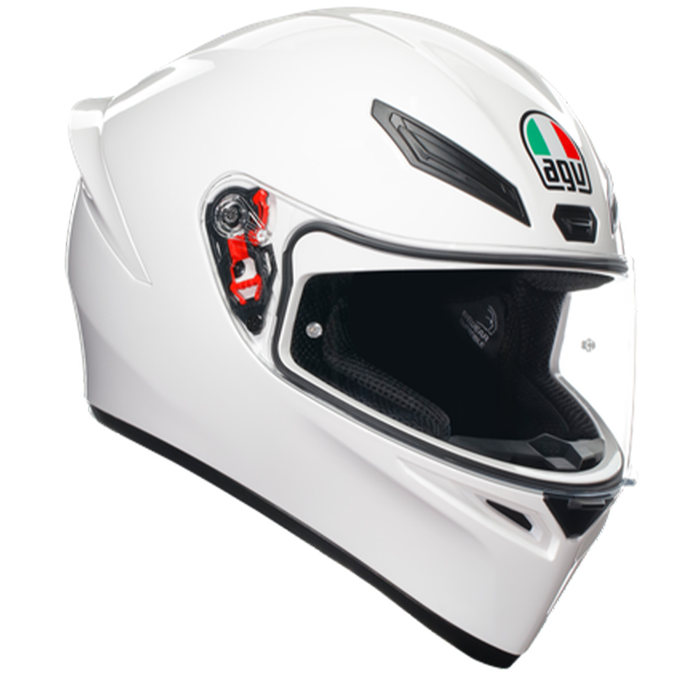 Full face helmet in glossy white with ventilation slots, a sleek aerodynamic design, AGV logo, and a size designation of XL.