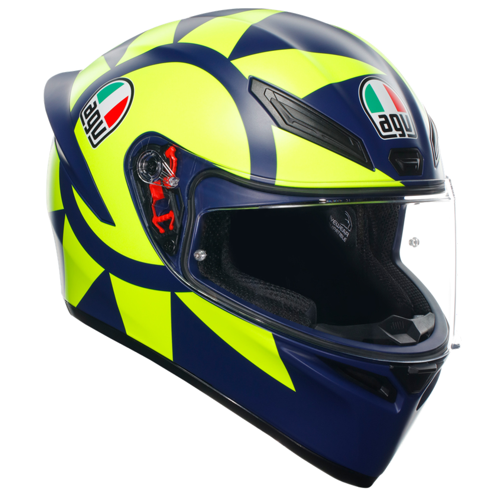 Blue and yellow AGV K-1 S Soleluna 2018 helmet in size S for men, featuring a glossy finish, aerodynamic design, and prominent AGV logos on the front.