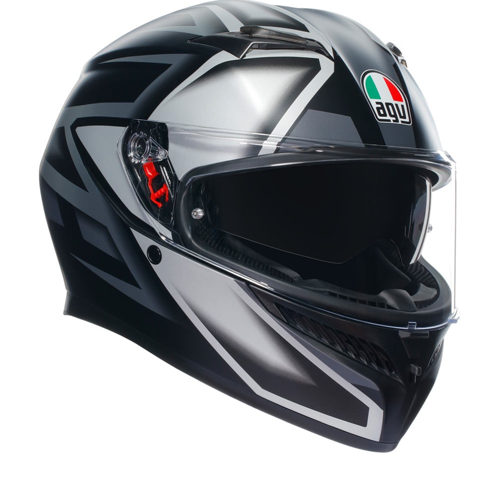 AGV K3 Compound full face helmet in matte black and grey, featuring a sleek aerodynamic design, clear visor, and distinctive AGV logo on the front.