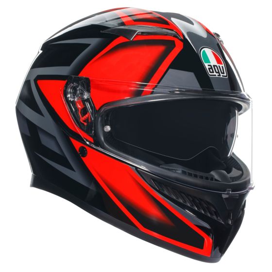 AGV K3 Compound Helmet in black and grey with red accents, featuring a clear visor, aerodynamic design, and Italian flag logo, size S for men.