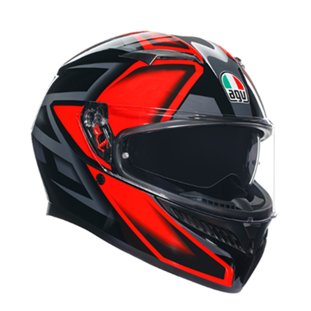 AGV K3 Compound full face helmet in black and red, featuring a sleek aerodynamic design, a tinted visor, and the AGV logo on the front. Size: L.