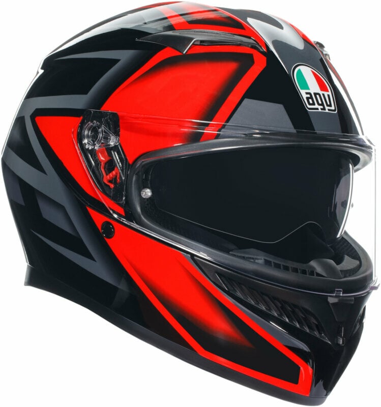 AGV K3 Compound full face helmet in black and red, featuring a sleek aerodynamic design, clear visor, and size M, ideal for motorcycle enthusiasts.