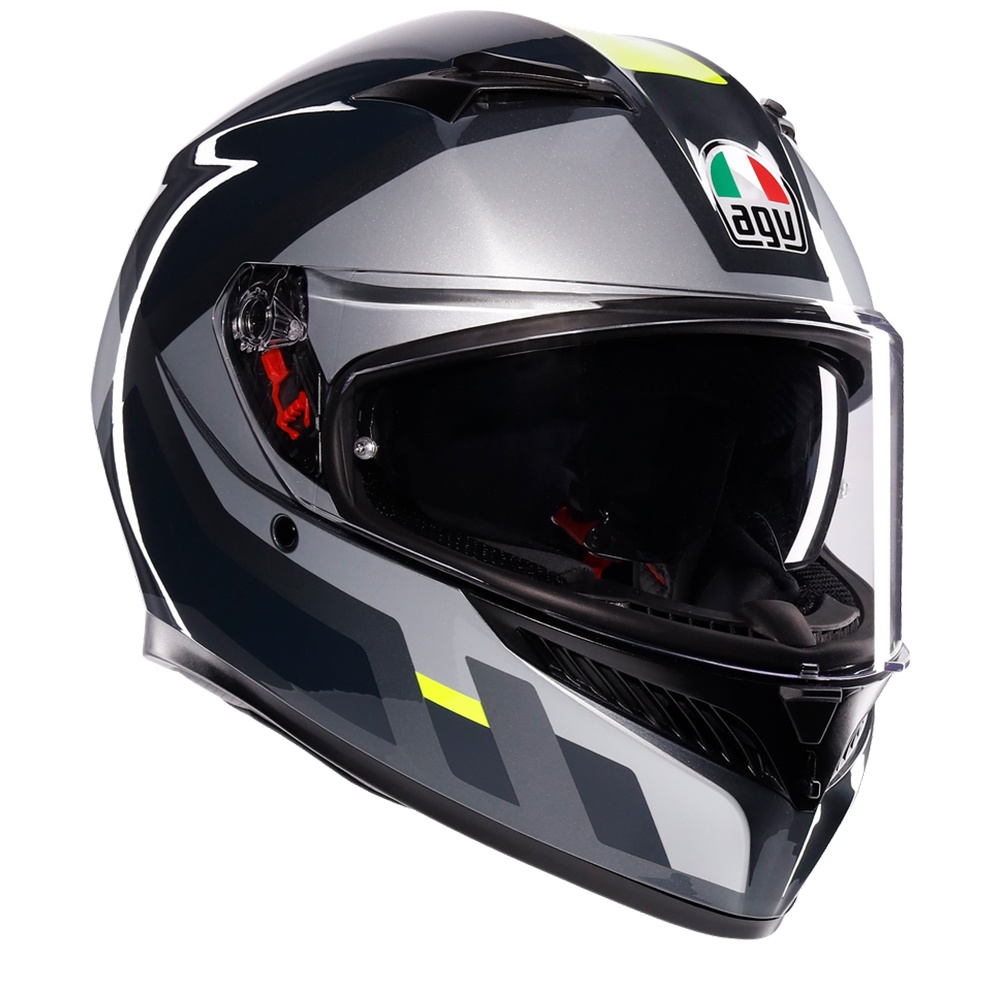 Full face AGV K3 Shade helmet in grey, black, and neon yellow, featuring a sleek aerodynamic design, tinted visor, and logo on the front. Size L.