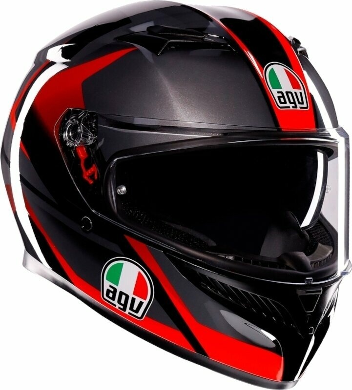 AGV K3 Striga full face helmet in black, grey, and red with a glossy finish, featuring a clear visor and iconic AGV logo on both sides. Size M.