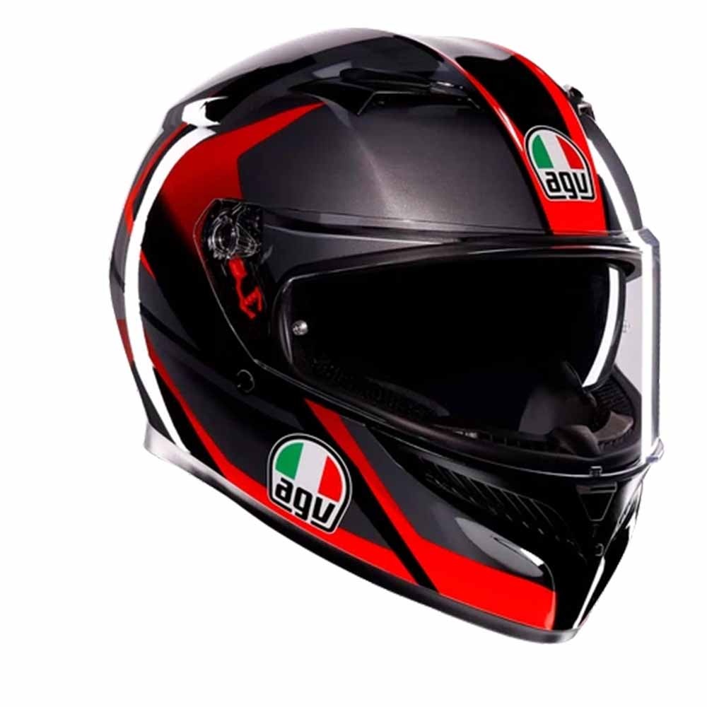 AGV K3 Striga helmet in black, grey, and red with a glossy finish, featuring a clear visor and the AGV logo prominently displayed in green and red. Size S for men.