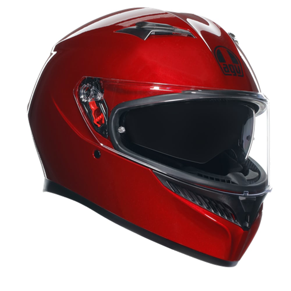 Red AGV K3 Mono Competizione full-face motorcycle helmet featuring a sleek design, aerodynamic shape, clear visor, and prominent AGV logo on the front.