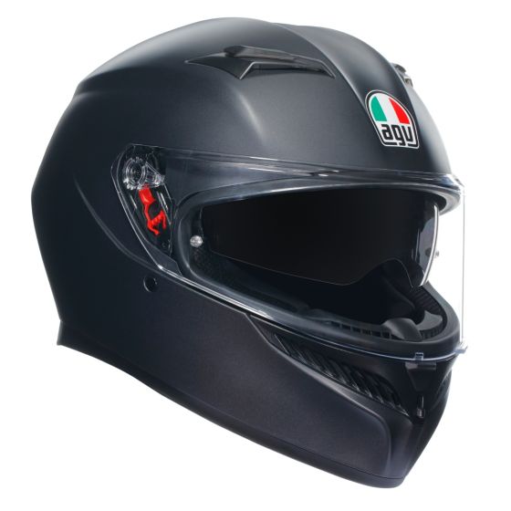 Full face AGV K3 helmet in matte black, featuring a clear visor, ventilation vents, and the AGV logo in green, white, and red on the side, size small.