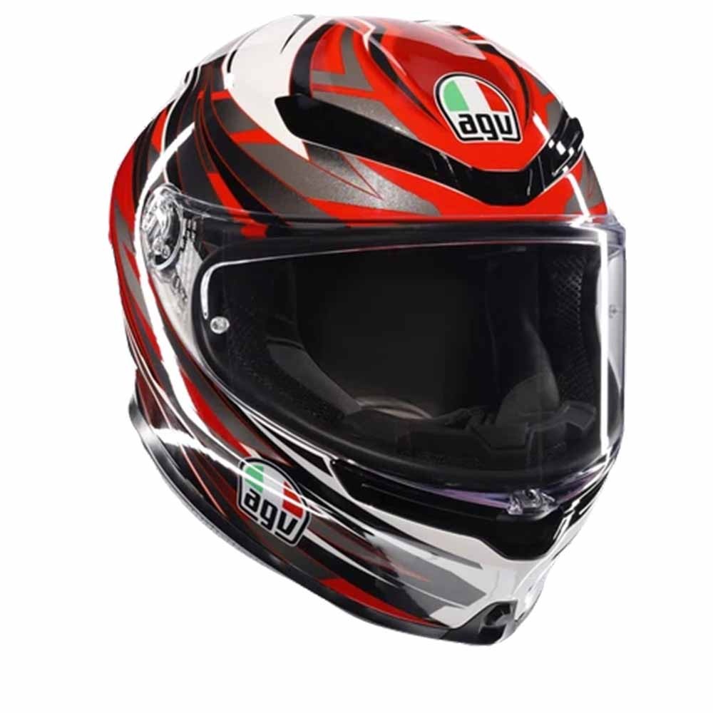 AGV K6-S Reeval full face helmet featuring a glossy white, red, and grey design, with a clear visor and prominent AGV logo on the front.