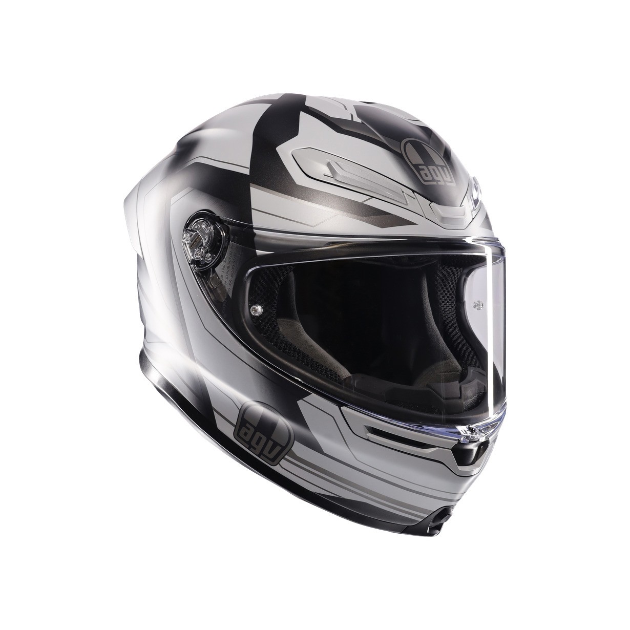 Full face motorcycle helmet AGV K6 S features a sleek black and silver design, aerodynamic shape, clear visor, and ventilation openings for enhanced comfort and safety.