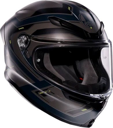 Matt grey full face helmet with fluo yellow accents, featuring a sleek aerodynamic design, clear visor, and ventilation openings for enhanced airflow.
