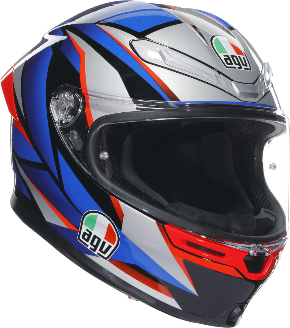 Full-face motorcycle helmet in black, blue, and red with a sleek design, featuring a clear visor, AGV logo, and aerodynamic shape for enhanced performance.