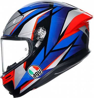 AGV K6 S Slashcut full face helmet in black, silver, blue, and red with a sleek design, featuring a clear visor and aerodynamic shape, size XS.