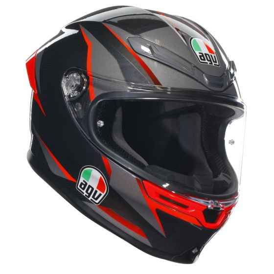 AGV K-6 S Slashcut Helmet in black, grey, and red with a sleek aerodynamic design, featuring a clear visor and the AGV logo prominently displayed. Size S for men.